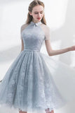A Line Short Sleeves Tulle Halter Homecoming Dress with Lace, Cute Short Prom Dress H1284