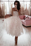A Line Spaghetti Strap Tea Length Pearl Pink Tulle Prom Homecoming Dress With Beads PW760