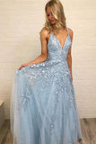 A Line Spaghetti Straps Light Blue Prom Dresses V Neck Lace Appliques Evening Dress PW526
