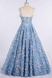 A Line Spaghetti Straps Sweetheart 3D Flower Applique Sky Blue Prom Dresses PW426