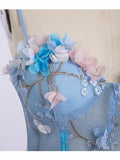 A Line Spaghetti Straps Sweetheart 3D Flower Applique Sky Blue Prom Dresses PW426