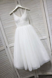 A Line Spaghetti Straps White Lace up Tulle V Neck Short Prom Dress, Homecoming Dress H1028