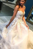 A Line Sweetheart Tulle Wedding Dress with Lace Appliques Long Prom Formal Dresses W1084