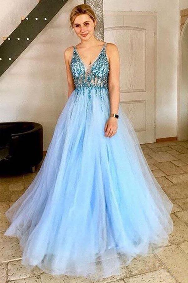 A Line V-Neck Tulle Backless Prom Dress with Sequins Appliques, Long Evening Dresses PW362