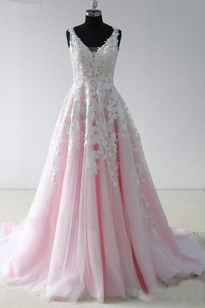 A Line V Neck Lace Appliques Pink Long Prom Dresses Backless Cheap Prom Dresses PW437