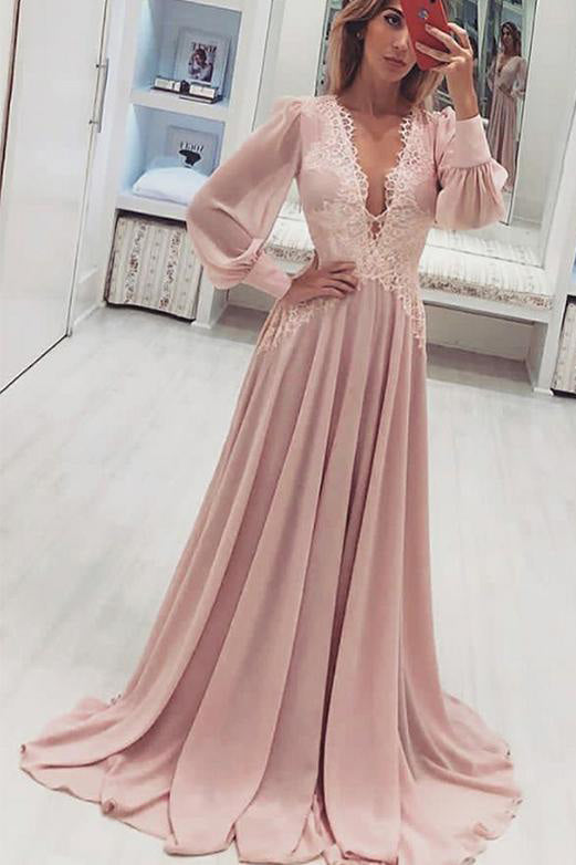 A Line V Neck Long Sleeve Pink Chiffon Prom Dress With Appliques, Long Evening Dress P1000