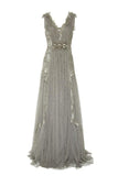 A Line V Neck Ruffles Tulle Gray Prom Dresses Long Sequins Evening Dresses PW580