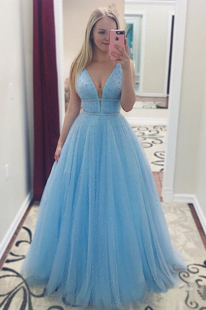 A Line V Neck Tulle Light Blue Prom Dresses Floor Length Beads Evening Gowns PW528