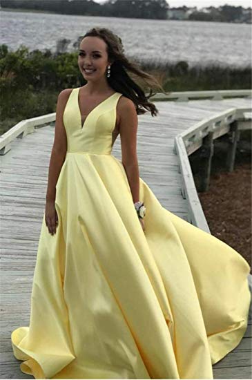 A Line Yellow V-Neck Prom Dress Satin Backless Lace up Long Evening Dress PW626