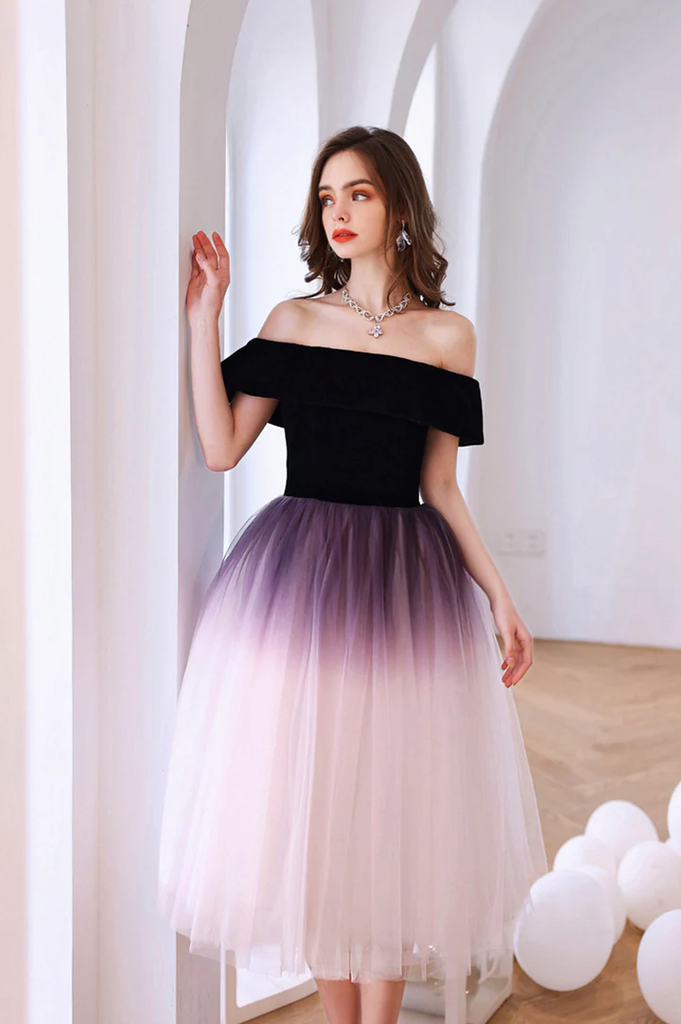 A-Line Off the Shoulder Lovely Ombre Tulle Homecoming Dresses N374