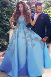 A line Blue Half Sleeve Satin Beads Prom Dresses Sweetheart Lace Appliques Formal Dress PW551