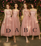 A Line Dusty Pink Short Sleeve Bridesmaid Dresses Lace Tulle Prom Dresses PW807