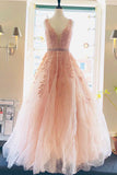 A line Lace V Neck Pink Prom Dresses with Appliques, Long Cheap Evening Dresses PW730