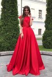 A line Red Lace Satin Prom Dresses Short Sleeve Round Neck Long Evening Dresses PW613