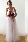 A Line Spaghetti Straps Pearl Pink V-Neck Backless Tulle Bridesmaid Dress Prom Dress BD1007