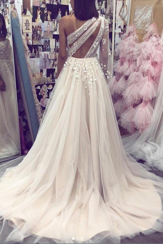 A line Tulle Pink One Shoulder Prom Dresses with Sleeves 3D Flowers Evening Dress PW523