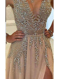 A Line Tulle V-Neck Pink Prom Dresses Long Backless Evening Dresses PW588