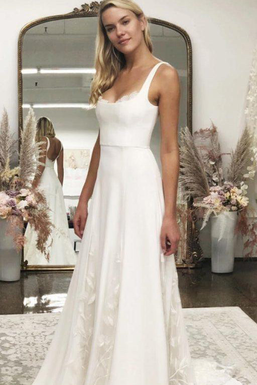 A line White Satin Wedding Dresses with Tulle Appliques Spaghetti Straps Bridal Dresses PW719