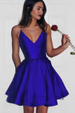 A Line V-Neck Spaghetti Straps Homecoming Dresses with Pockets PW658