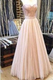 Sweetheart Pink A Line Tulle Lace Strapless Backless Long Prom Dress