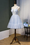 A Line Sky Blue Beaded Lace Up Ball Gown Tulle Homecoming Dresses