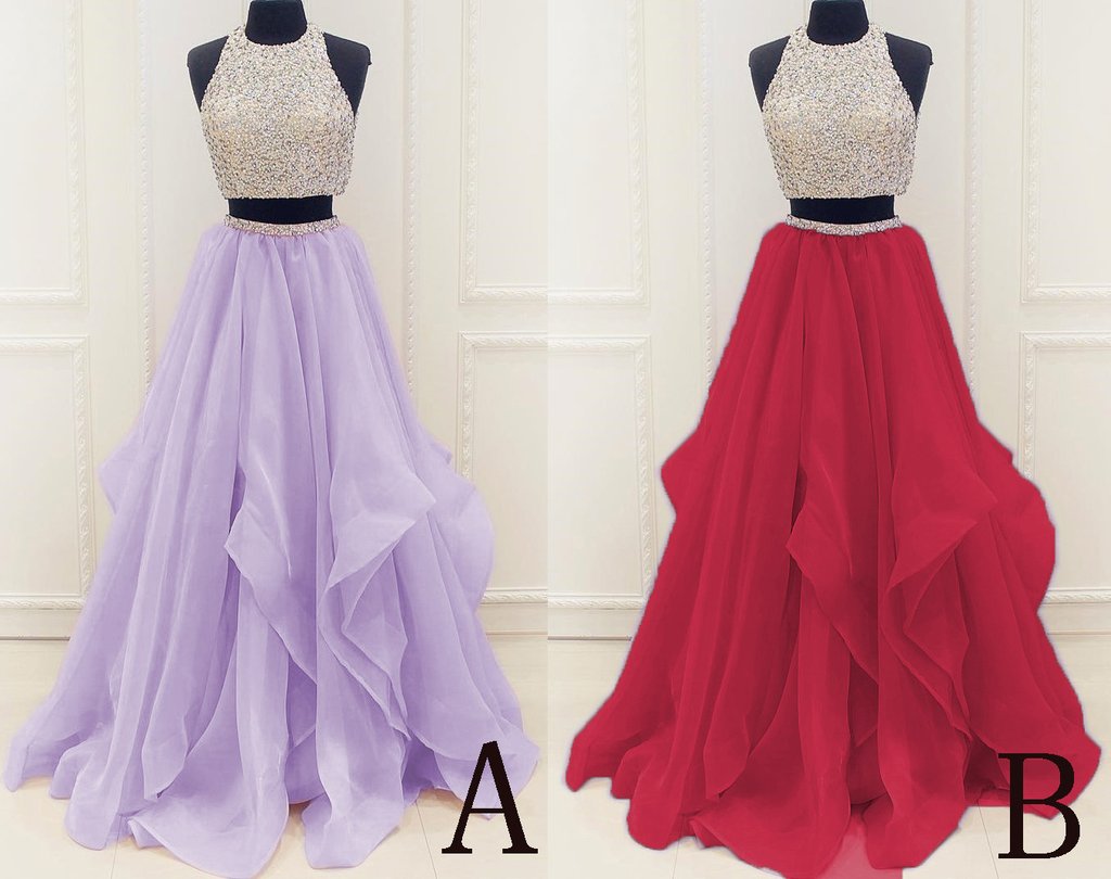Two Piece High Neck Burgundy Prom Dress Beaded Open Back Evening Gowns PW499