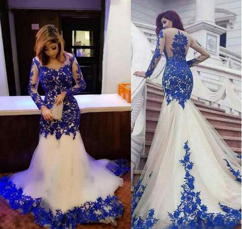 Mermaid Royal Blue Scoop Appliques Tulle Prom Dress Long Evening Dress P1513