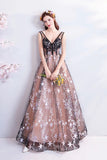 Princess A Line V Neck Applique Prom Dresses with Stars, Lace up Evening Dresses P1235