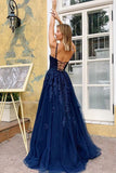 Elegant Blue V-Neck Lace Long Prom Dress Spaghetti Straps Evening Dress P1528