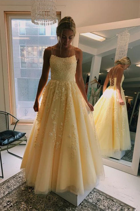 A Line Yellow Tulle Prom Dresses with Lace Appliques, Criss Cross Straps Formal Dresses P1320