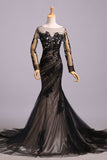 Mermaid Black Tulle Lace Appliques Long Sleeve V Back Scoop Cheap Prom Dresses uk PW176