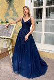 Elegant Blue V Neck Lace Long Prom Dresses Spaghetti Straps Evening Dresses P1528