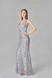 Sexy V-Neck Silver Mermaid Embroidered Sequins Long Evening Dresses XU90804