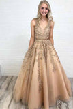 Ball Gown Gold Lace Long Prom Dresses with Appliques, V Neck Tulle Evening Dresses PW589
