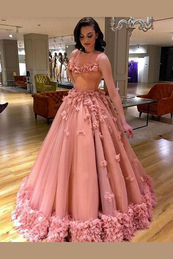 Ball Gown High Neck Pink Appliques Tulle Quinceanera Dresses Long Dance Dresses PW715