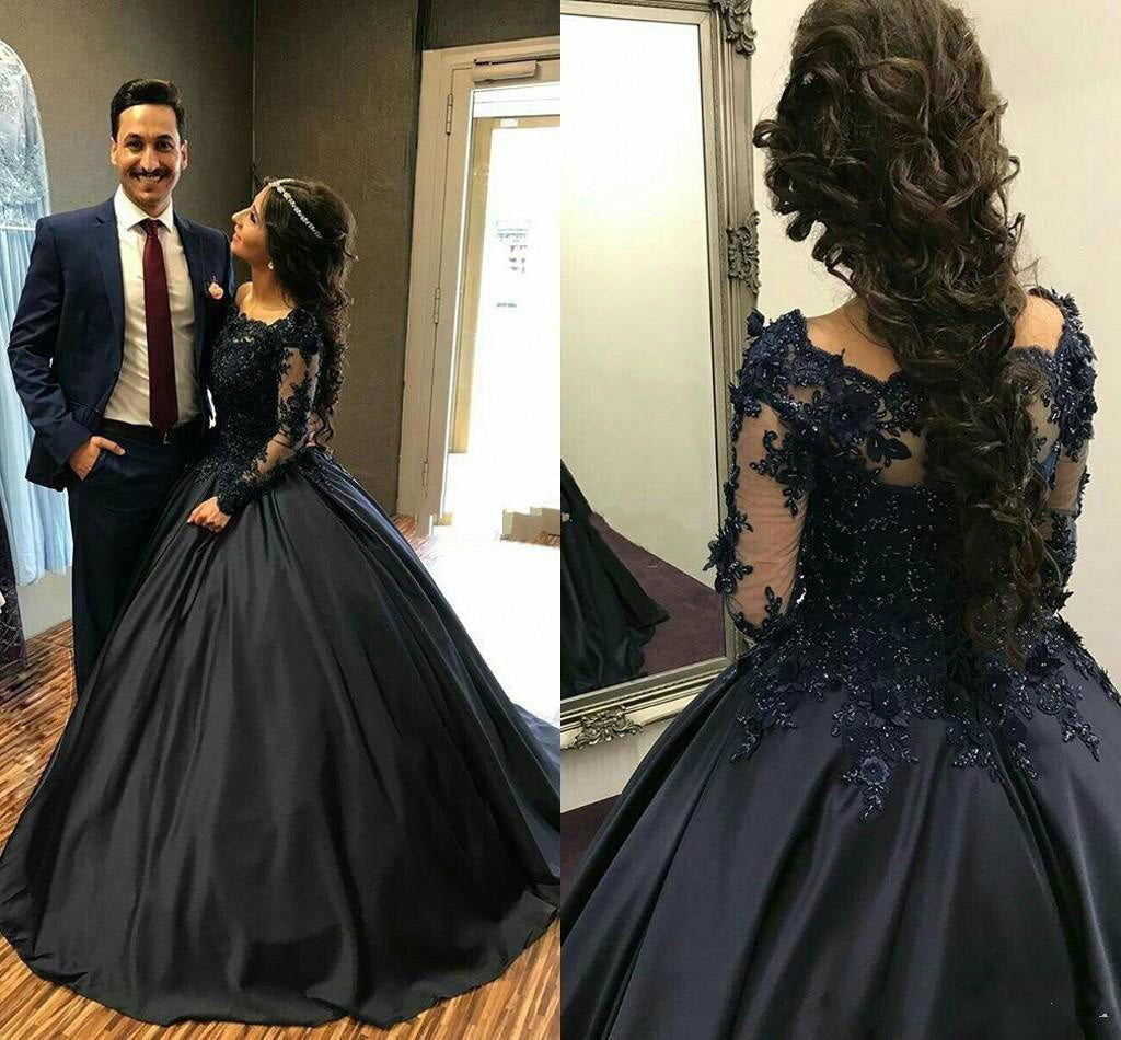 Ball Gown Long Sleeves Navy Blue With Lace Prom Dress, Quinceanera ...