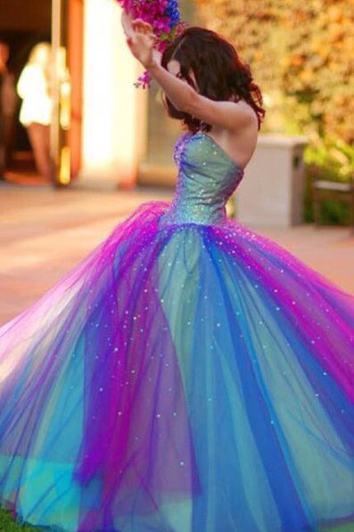 Ball Gown Ombre Sweetheart Strapless Tulle Prom Dresses, Quinceanera Dresses PW691