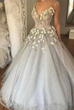 Ball Gown Spaghetti Straps V Neck Silver 3D Floral Beads Prom Dresses Dance Dresses PW717