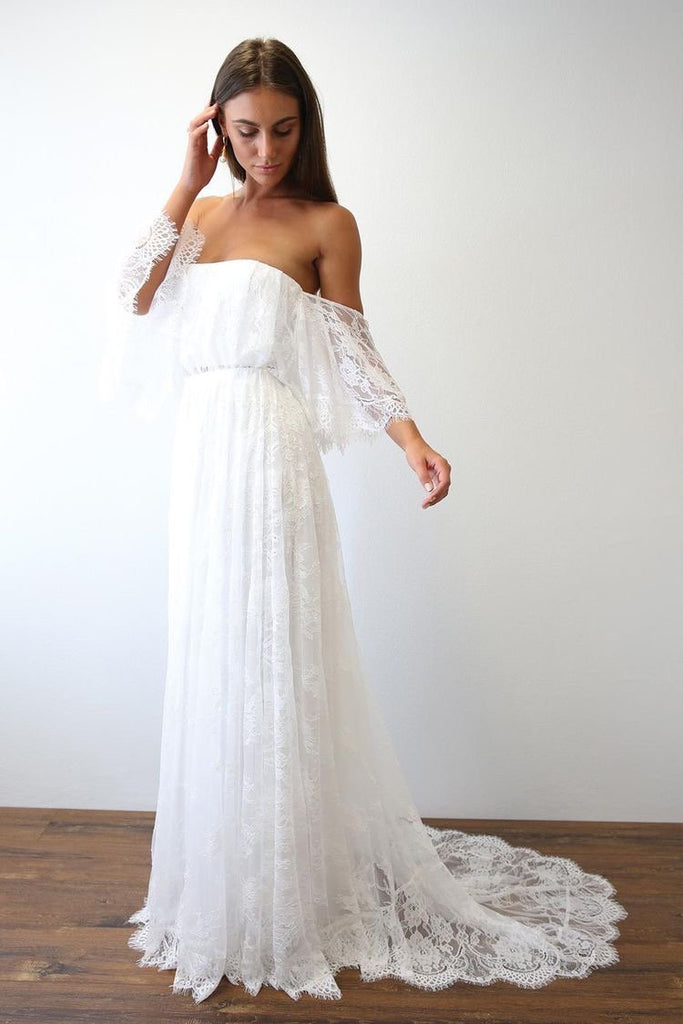 Beach Wedding Dresses Half Sleeve Off the Shoulder Lace Sexy Boho Bridal Gowns W1029