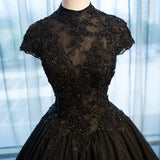 Black Tulle Cap Sleeve Long High Neck Beads Ball Gown Open Back Prom Dress PW103