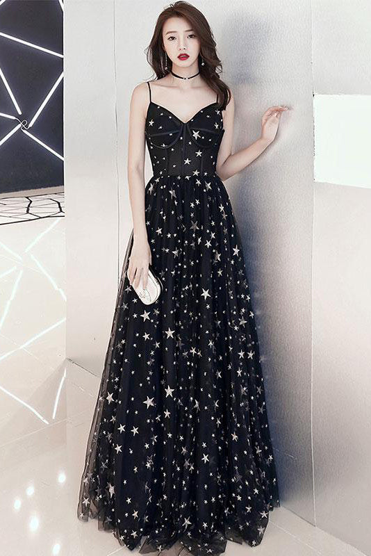 Beautiful Black Prom Dresses, Spaghetti Straps V Neck Tulle Long Prom Gowns with Stars P1039