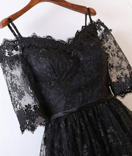 Black Short Sleeve High Low Homecoming Dresses Lace Appliques Sweetheart Prom Dresses H1082