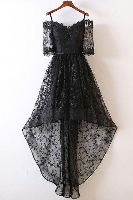 Black Short Sleeve High Low Homecoming Dresses, Lace Appliques Sweetheart Prom Dress H1082