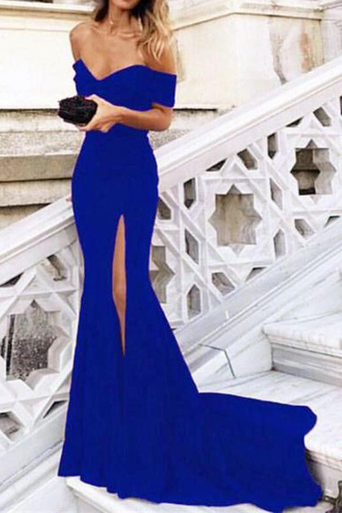 Blue Mermaid Off the Shoulder Prom Dresses with Split Satin Sweetheart Party Dress PW652