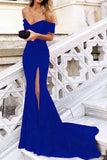 Blue Mermaid Off the Shoulder Prom Dresses with Split Satin Sweetheart Party Dress PW652