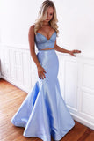 Blue Mermaid Two Piece Satin Lace up Long Prom Dresses V Neck Party Dresses PW638