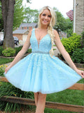 Blue Tulle Lace Appliques Short Prom Dress Beads Open Back Homecoming Dress H1013