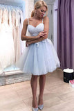 Blue Tulle Lace Sweetheart Short Prom Dresses, Above Knee Spaghetti Straps Homecoming Dresses P1077