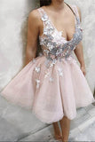 Blush Pink Deep V Neck Appliques Short Prom Dresses, Above Knee Homecoming Dress PW954