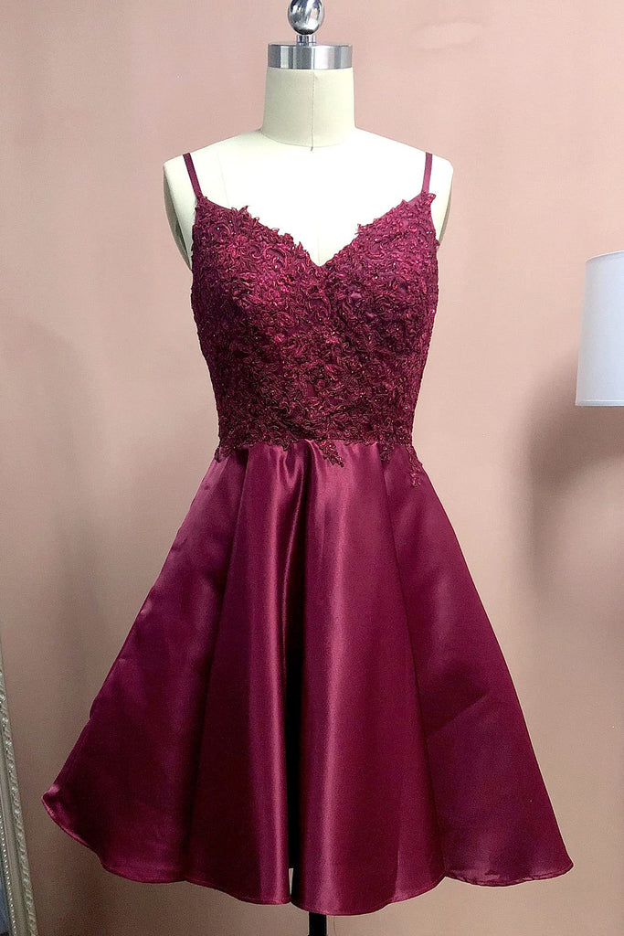 Elegant Straps A Line Lace Satin Red Short Homecoming Dress